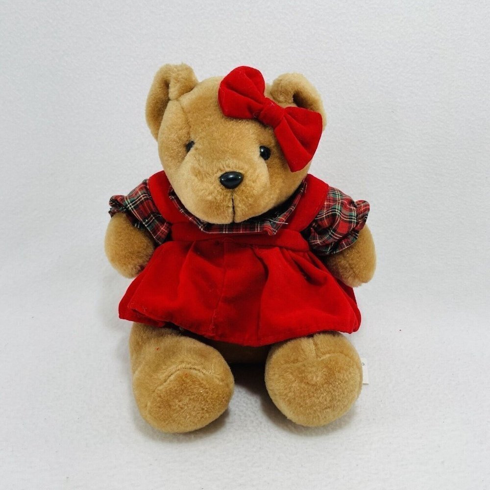 Vintage International Silver Bear Plush 8" Girl Red Plaid Dress Clothes Toy Sit
